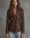 Women's Brown Lambskin Leather Blazer – Vintage Double-Breasted Jacket with Gold Buttons