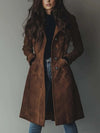 Women's Vintage Brown Faux Suede Trench Coat – Long Button-Up Jacket