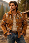 Men's Tan Brown Suede Leather Western Jacket – Handmade Beaded Fringe Cowboy Coat