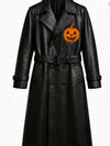 Halloween Lantern Pumpkin Black Leather Trench Coat