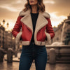 Women's Red Leather Shearling Moto-Jacket | Cozy Sheepskin Biker Coat | Cropped Winter Aviator-Jacket