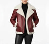 Women's Burgundy Fur Leather-Jacket , Handmade Bomber Style Aviator Pilot-Shearling-Jacket , Genuine Sheepskin-Fur-Coat Christmas Gift
