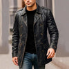 Men's Vintage Black Leather Trench Coat Military Style Double Breasted Jacket Mid-Length Winter Coat.