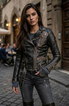 Women's Distressed Black Leather Biker Jacket – Vintage Motorcycle Style