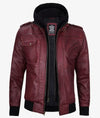 Mens Maroon Leather Jacket with Removable Hood