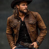Men’s Handmade Vintage Distressed Tan Lambskin Leather Jacket Western Cowboy Style Coat