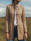 Women's Genuine Lambskin Leather Long Coat, Military Style Trench Coat, Stand Collar Jacket with Contrast Piping