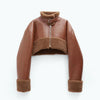 Women's Brown Shealing Short Leather Jacket , Handmade Real Sheepskin Aviator Fur-Jacket