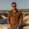 Men's Suede Leather Overshirt, Tobacco Brown Button-Up, Smooth Leather Trim Jacket