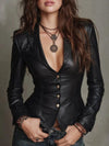 Genuine Lambskin Leather Blazer Handmade Black Tailored Button-Front Jacket.