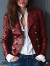 Women's Handmade Genuine Sheep Leather Double-Breasted Red Jacket with Gold Button Detailing.
