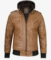 Mens Camel Brown Leather Jacket with Removable Hood
