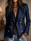 Women's Navy Blue Genuine Leather Blazer – Double Breasted Military Style Jacket