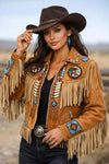 Women's Tan Suede Fringe Jacket – Beaded Boho Western Cowgirl Coat