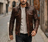 Men's Distressed Brown Leather Trucker Jacket – Vintage Slim Fit Field Coat