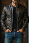 Men's Distressed Brown Leather Cafe Racer Jacket – Vintage Motorcycle Biker Jacket