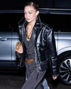 Gigi Hadid NYC 2025 black leather jacket