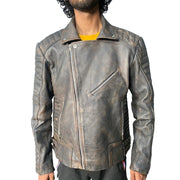 Distressed Vintage Brown Leather Biker Jacket – Asymmetrical Zip & Quilted Shoulders"