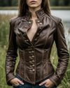 Women's Brown Lambskin Leather Military Jacket – Gold Button Fitted Biker Style
